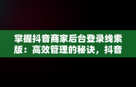 掌握抖音商家后台登录线索版：高效管理的秘诀，抖音商家中心登录 